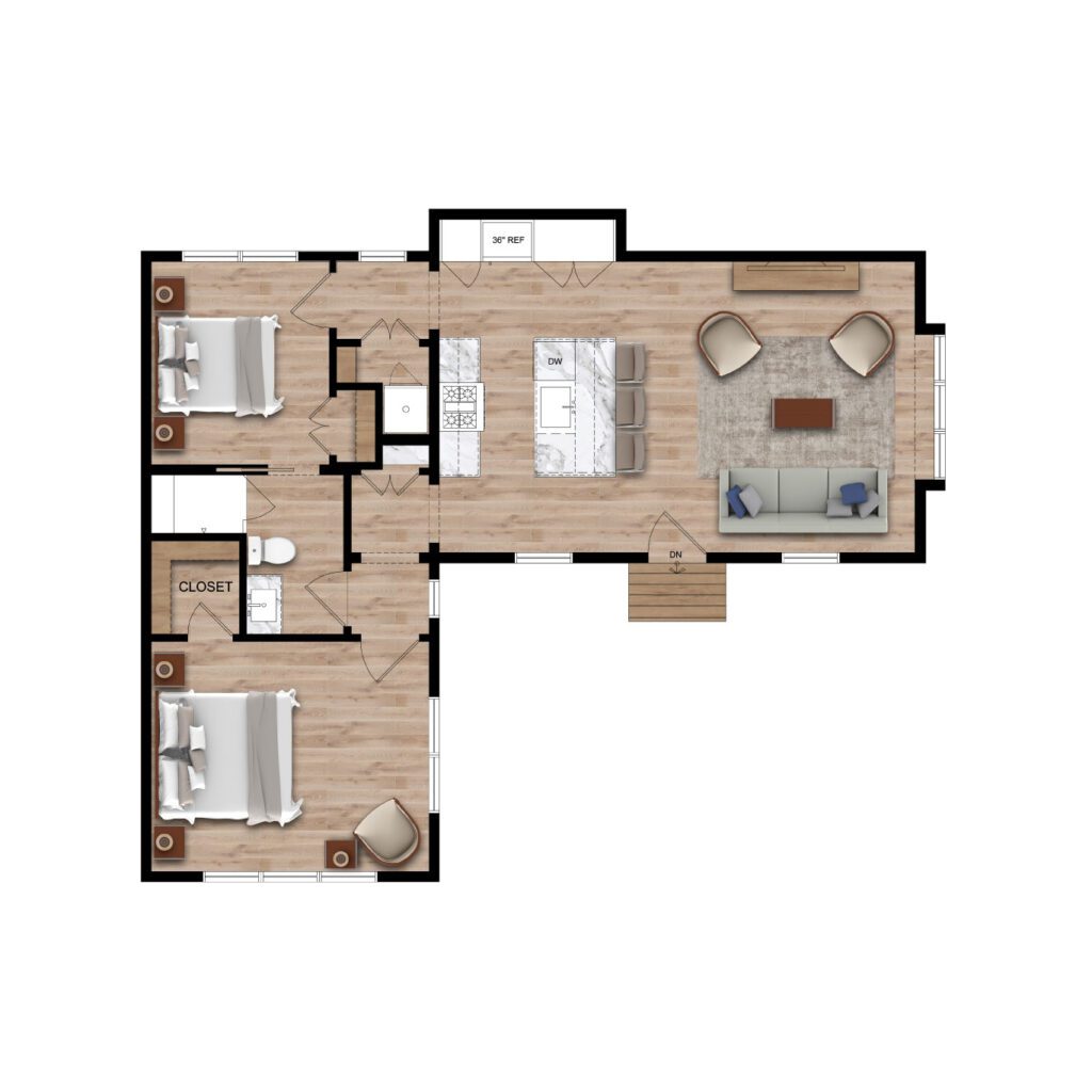 Floor plan of an ADU with two bedrooms and one bathroom on the left, a central kitchen and dining area, and a spacious living room with seating on the right. A closet and entry door are also shown.